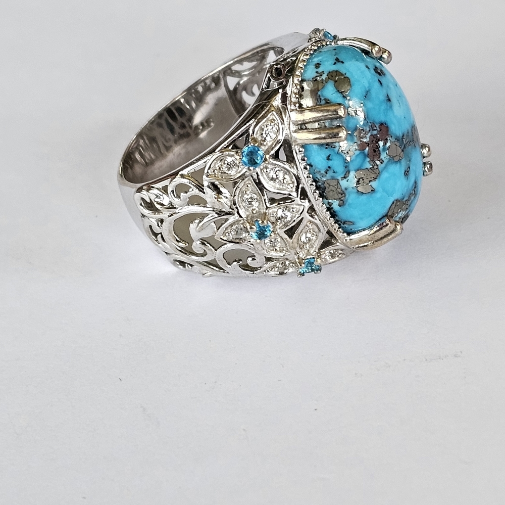 Genuine Turquoise & Neon Apatite 💍 w/White Sapphires in Platinum/925 Size 9 - Picture 12 of 12